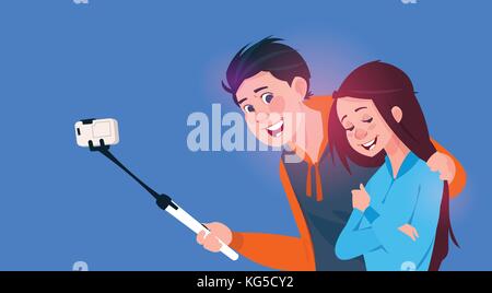 Young Boy And Girl Talking Selfie Photo On Cell Smart Phone With Stick Stock Vector