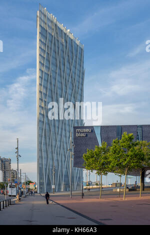 Museu Blau in Barcelona is the Natural History and Science museum. Torre Diagnal is a 25-story skyscraper. Stock Photo