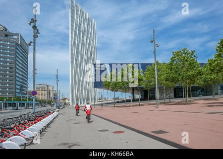 Museu Blau in Barcelona is the Natural History and Science museum. Torre Diagnal is a 25-story skyscraper. Stock Photo