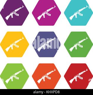 Submachine gun icon set color hexahedron Stock Vector