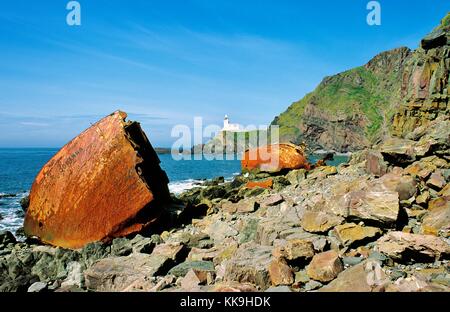 The broken wreck of Dutch coaster Johanna which ran aground beside Hartland Point lighthouse 31 December 1982. North Devon, UK Stock Photo