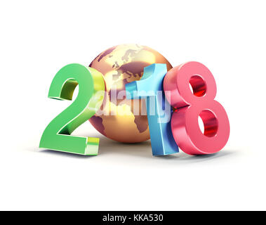 Colorful New Year date 2018, composed with a gold planet earth, isolated on white - 3D illustration Stock Photo