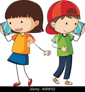 Boy and girl talking on cellphone illustration Stock Vector