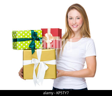 Pretty woman hands many presents Stock Photo