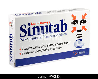 A box of non-drowsy Sinutab cold and flu relief tablets isolated on a white background Stock Photo