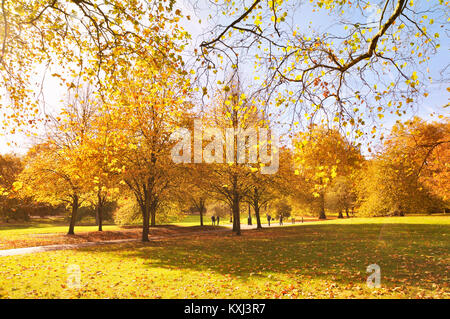 Green Park, London.  A young couple walk hand in hand amongst  colourful trees on a lovely sunny day in autumn. Stock Photo