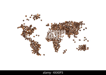 Edible world map made from coffee beans isolated on white  Stock Photo