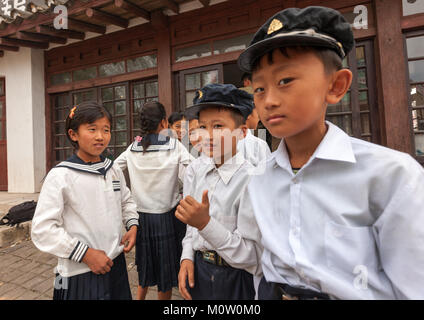 North Korean young actors during a movie shooting in Pyongyang film studios, Pyongan Province, Pyongyang, North Korea Stock Photo