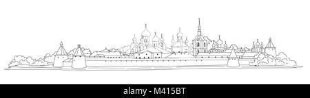 Russian famous landmark Solovki. Skyline view. Landscape of Solovki monastery. Travel Russia background. Hand drawn sketch illustration. Stock Vector