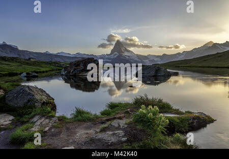 Golden hour, lake Stellisee, reflection, Matterhorn ,zermatt, valais, Switzerland Stock Photo