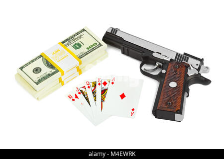 Gun money and playing cards Stock Photo