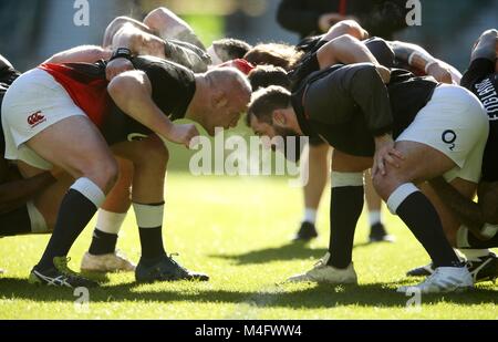 Twickenham ,London, UK. 16th February 2018. Dan Cole and Joe Marler of England  during an England Rugby Open Training Session at Twickenham Stadium. Credit:Paul Harding/Alamy Live News Stock Photo