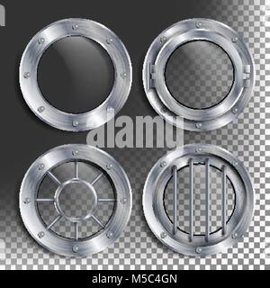 Silver Porthole Vector. Round Metal Window With Rivets. Bathyscaphe Ship Frame Design Element, Rocket, Aluminum. For Laboratory, Aircraft, Submarines. Isolated On Transparent Background Illustration Stock Vector