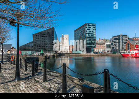 A view of Liverpool's modern buildings on Mann Island from the Albert Dock. Stock Photo