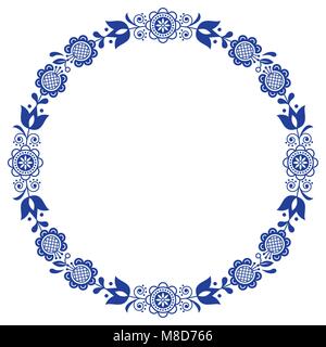 Scandinavian folk art floral werteth, vector ornamental round frame, design with flowers in circle, ethnic composition Stock Vector