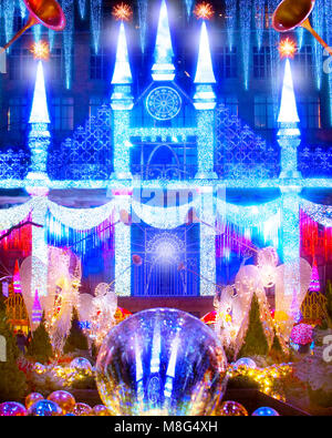 The wonderful and amazing Christmas laser light show projected on the front of Saks Fifth Avenue at Rockefeller Center in New York City. Stock Photo