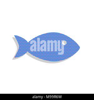 Fish sign illustration. Vector. Neon blue icon with cyclamen polka dots pattern with light gray shadow on white background. Isolated. Stock Vector