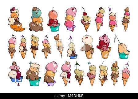 Ice cream Collection with ball and cone, doodle vector illustration, creamy chocolate, pistachio, vanilla and waffle Stock Vector