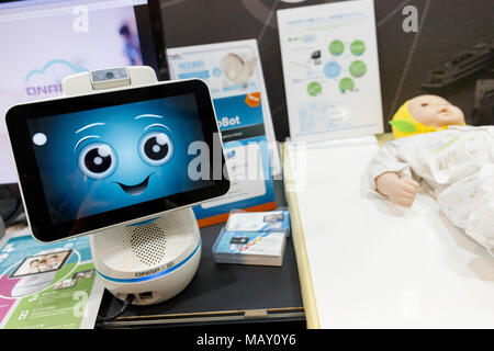 Tokyo, Japan. April 5, 2018. Video Companion Robot AfoBot on display during the 2nd AI Expo at Tokyo Big Sight on April 5, 2018, Tokyo, Japan. The trade show introduces new technologies in robotics including AI (Artificial Intelligence) and AR (Augmented Reality) and runs from April 4 to 6. Credit: Rodrigo Reyes Marin/AFLO/Alamy Live News Stock Photo