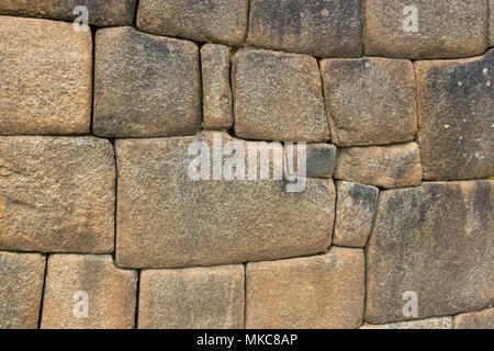 Close-up Detail of Inca Ashlar Wall Precise Stone Block Jointing, Machu Picchu, Peru Stock Photo