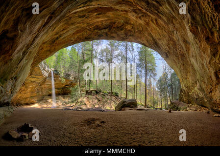 Ash Cave waterfall pano.  Ash Cave  is the largest, most impressive recess cave in the state of Ohio and can be found in Hocking Hills state park. The Stock Photo