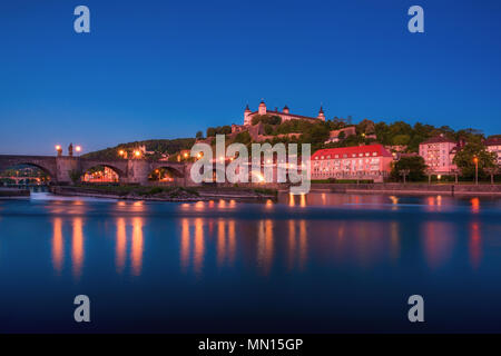 Beautiful stunning view of Wurzburg Old Main Bridge over the Main river and the Castle in the Old Town of Wurzburg, Bavaria, Germany - part of the Rom Stock Photo