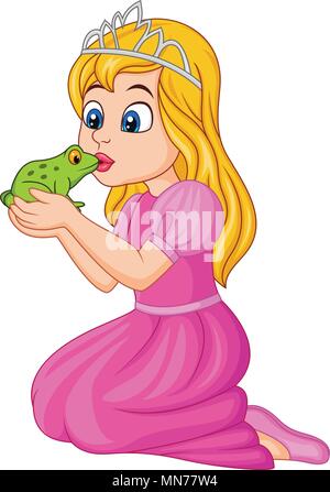 Cartoon princess kissing a green frog Stock Vector