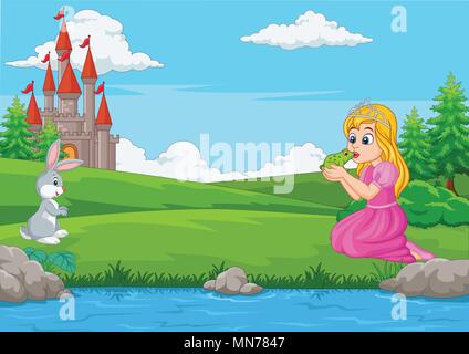 Cartoon princess kissing a green frog Stock Vector