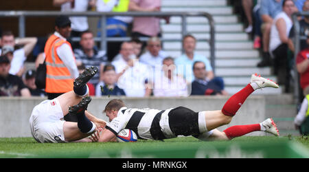 Twickenham Stadium, London, UK. 27th May, 2018. International Rugby friendly, England versus Barbarians; Chris Ashton of The Barbarians and George Ford of England dive on the ball over the try line Credit: Action Plus Sports/Alamy Live News Stock Photo