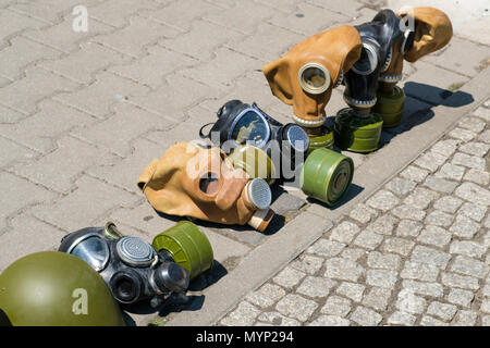 Gas masks of second world war displayed on street for tourists as souvenir Stock Photo