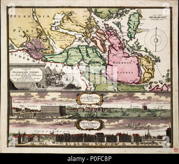 .  English: Accurate Carte der Uplandischen Scheren mit der Situation und Gegend umb die Konigle Schwedische Haupt und Residentz Stadt StockholmSingle sheet, hand coloured engraving. Ungraduated map showing sailing routes through the Stockholm archipelago. Scale in Swedish miles. Contains two large views of Stockholm: Norder Malm and Syder Malm. Diagram of compass variation. From J.B.Homann's, Atlas Novus...1702-1753 (copy at PBD7665). G217:6/4 Stockholm  . circa 1740. Johan Baptist Homann 258 Accurate Carte der Uplandischen Scheren mit der Situation und Gegend umb die Konigle Schwedische Haup Stock Photo