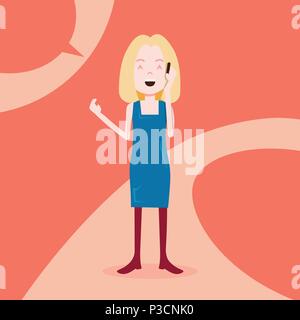 teen girl character happy phone call female template for design work and animation on red background full length flat person Stock Vector