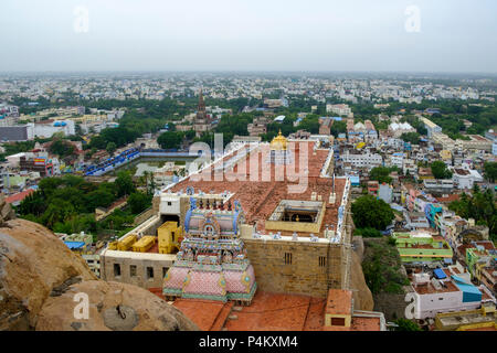 Tiruchirappalli (Trichy) city view from Ucchi Pillayar Temple, with Main Guard Gate and Our Lady of Lourdes Church far letf, Tamil Nadu, India. Stock Photo