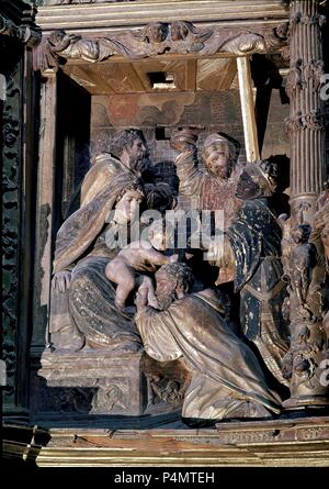 RETABLO MAYOR  DET DE LA EPIFANIA. Author: Francisco Giralte (c. 1500-1576). Location: CAPILLA DEL OBISPO, MADRID, SPAIN. Stock Photo