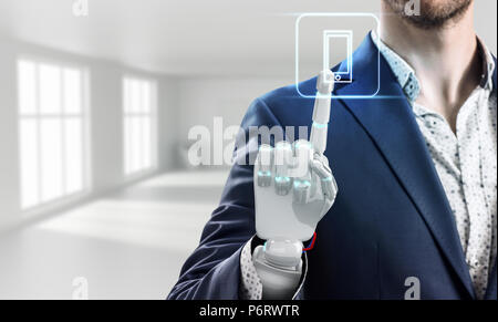 Businessman with robot hand touches virtual icon. 3d rendering. Stock Photo