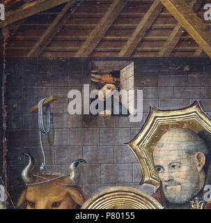 Retablo del Condestable, también conocido como retablo de la Epifanía, 1464. Detalle de la Adoración de los Magos.  Pintura al temple sobre tabla. 673 cm × 368 cm. Capilla de Santa Ágata, Barcelona,. Stock Photo