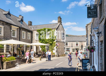 Castleton village centre  peveril tea rooms and castle pub castleton derbyshire castleton Peak District Derbyshire England uk gb europe Stock Photo