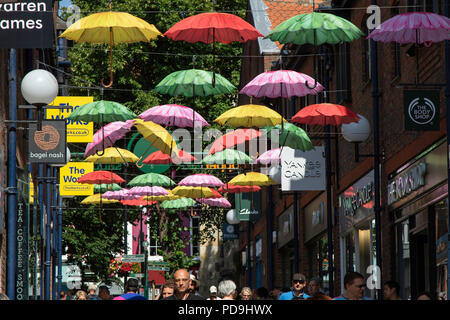 Many colourful Umbrellas hanging over Coppergate Shopping Centre, York, North Yorkshire, England, UK. Stock Photo