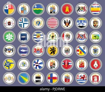 Set of icons. Flags of the Netherlands. Municipalities of Flevoland and Zeeland provinces. 3D. Vector. Stock Vector