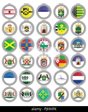 Set of icons. Flags of the Netherlands. Municipalities of the Drenthe province. 3D. Vector. Stock Vector