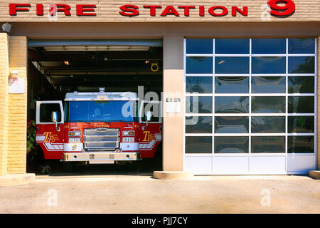 Fire truck of the Tucson Fire Dept inside the garage of Fire Station 9 Stock Photo