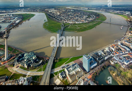 Rhine flood in Düsseldorf at the Rheinkniebrücke, Dusseldorf, Rhineland, North Rhine-Westphalia, Germany Stock Photo