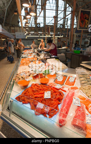 A display of fresh sturgeon roe - red caviar - on display in the fish hall in the Riga Central Market, Latvia. Stock Photo