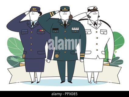 Soldier and officer man and woman in uniform. Cute cartoon style vector illustration. 007 Stock Vector