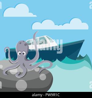 Octopus in the sea waiting for a boat Stock Vector