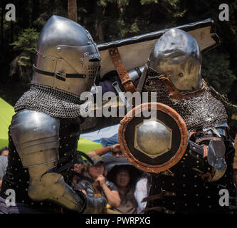 Medieval knights fighting with armor, swords and shields in festival Stock Photo