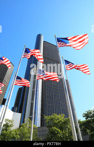 The skyscrapers of the Renaissance Centre, on Detroit's Riverfront, owned by General Motors as it's world HQ, in Michigan, USA Stock Photo