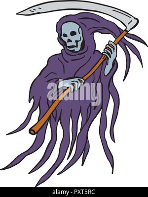 Drawing sketch style illustration of the evil grim reaper or death with scythe and torn hood  on isolated white background. Stock Vector