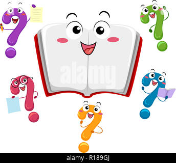 Illustration of an Open Book Mascot Surrounded by Different Question Mark Mascots Stock Photo