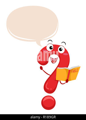 Illustration of a Question Mark Mascot Holding a Fable Book with a Speech Bubble Stock Photo